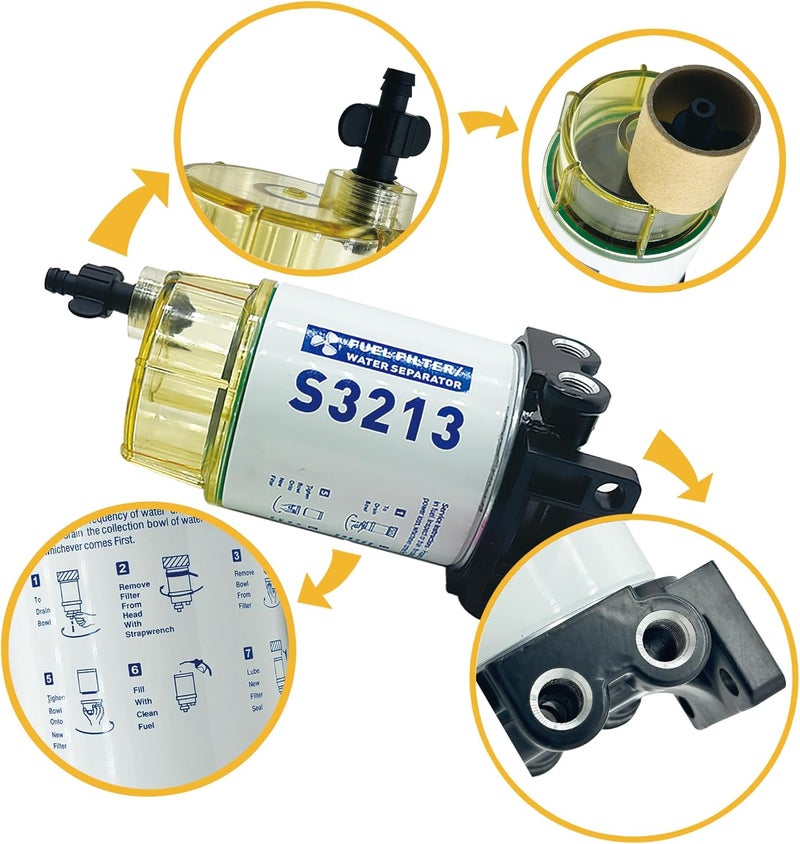 chiying S3213 Fuel Filter Water Separator Replacement for Marine Outboard Motor Mercury with 3/8" Barb x 1/4" NPT Fittings Replaces # S3214, 35-60494-1, 18-7932-1, 18-17928, 35-809097. - Image 2